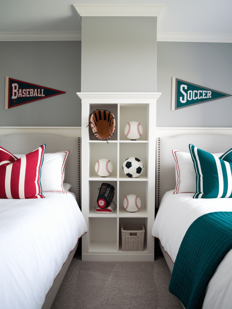 Shared bedroom mixing baseball and soccer decor with a neutral base and a shared shelf.