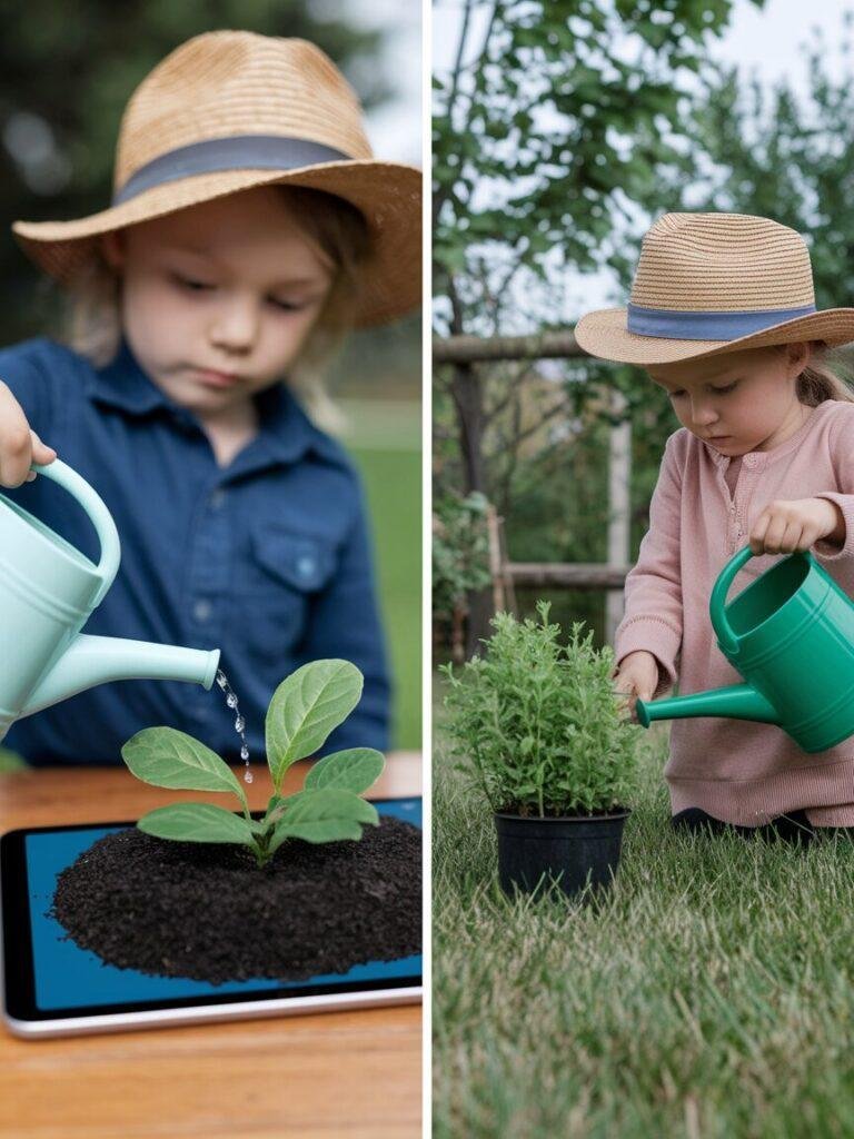 A side by side comparison showing a child watering a virtual plant on a tablet next to a child watering a real plant outdoors, representing the connection between digital and real gardening skills.