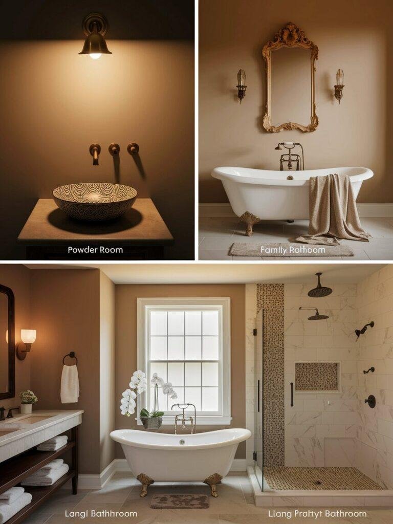 Three bathroom sizes showing how to style witchy bathroom decor for each space.