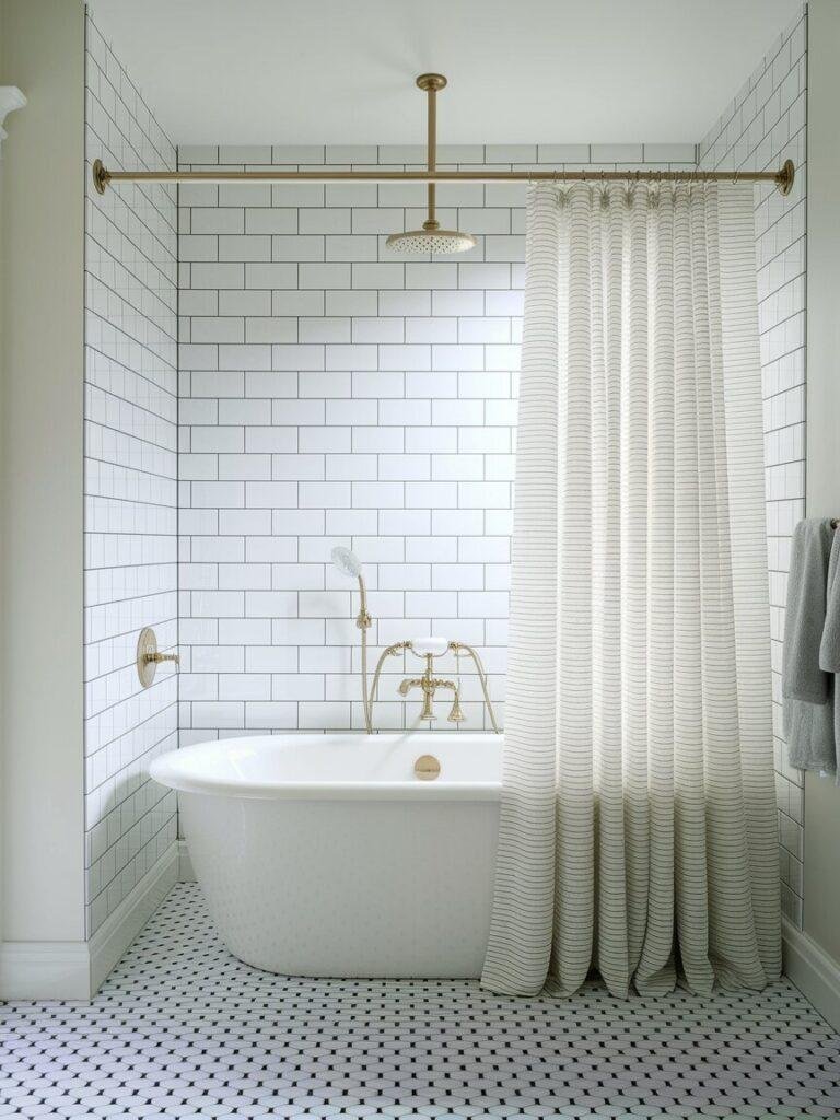 High hung floor length shower curtain making a small apartment bathroom look taller.