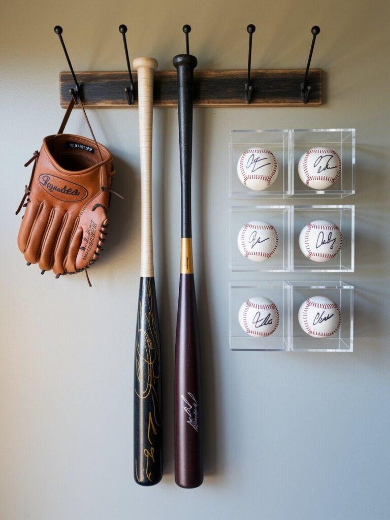 Baseball gear display with glove hook, bat rack, and shelf of signed balls.