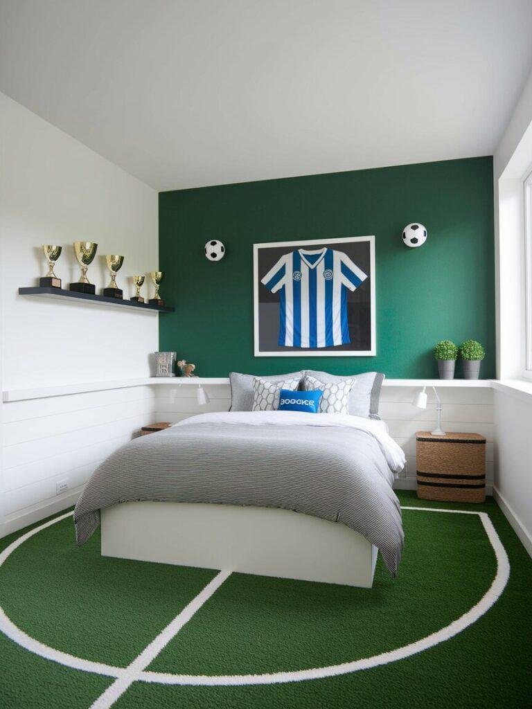Soccer decor for bedroom with green accent wall, framed jersey, turf rug, and trophy shelf.