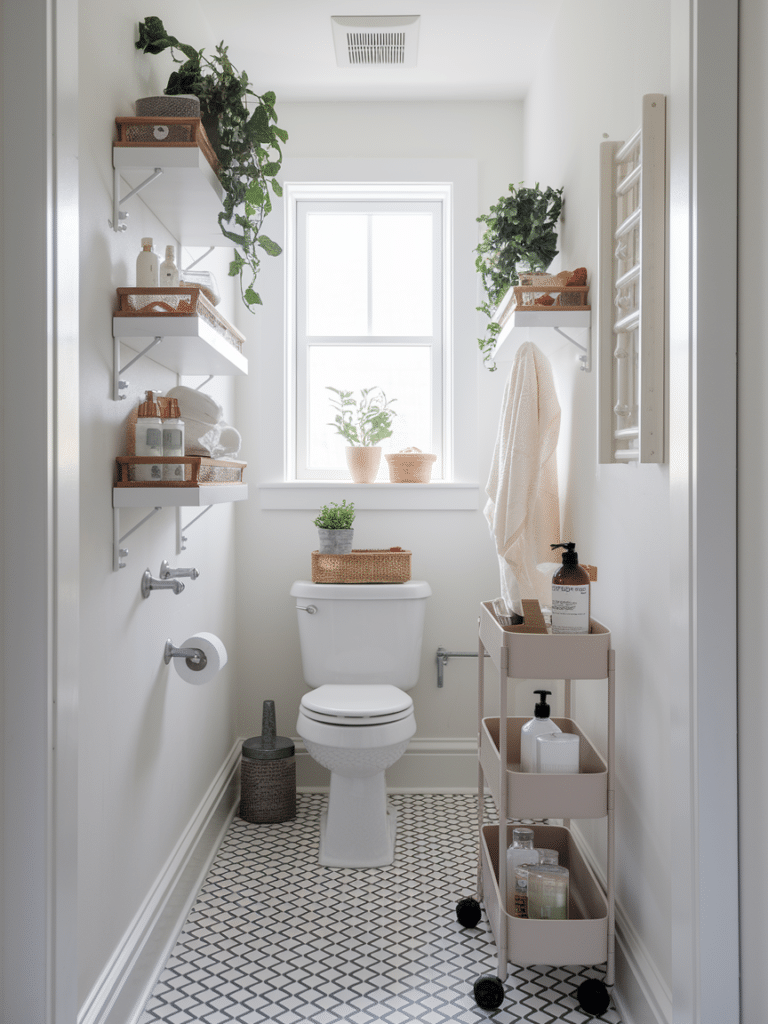 A wide shot of a narrow bathroom that uses every layer of space: floating shelves above the toilet, an over the door hook rack, a corner shower caddy, and a slim rolling cart. Keep the styling neat so each storage piece is easy to see.
