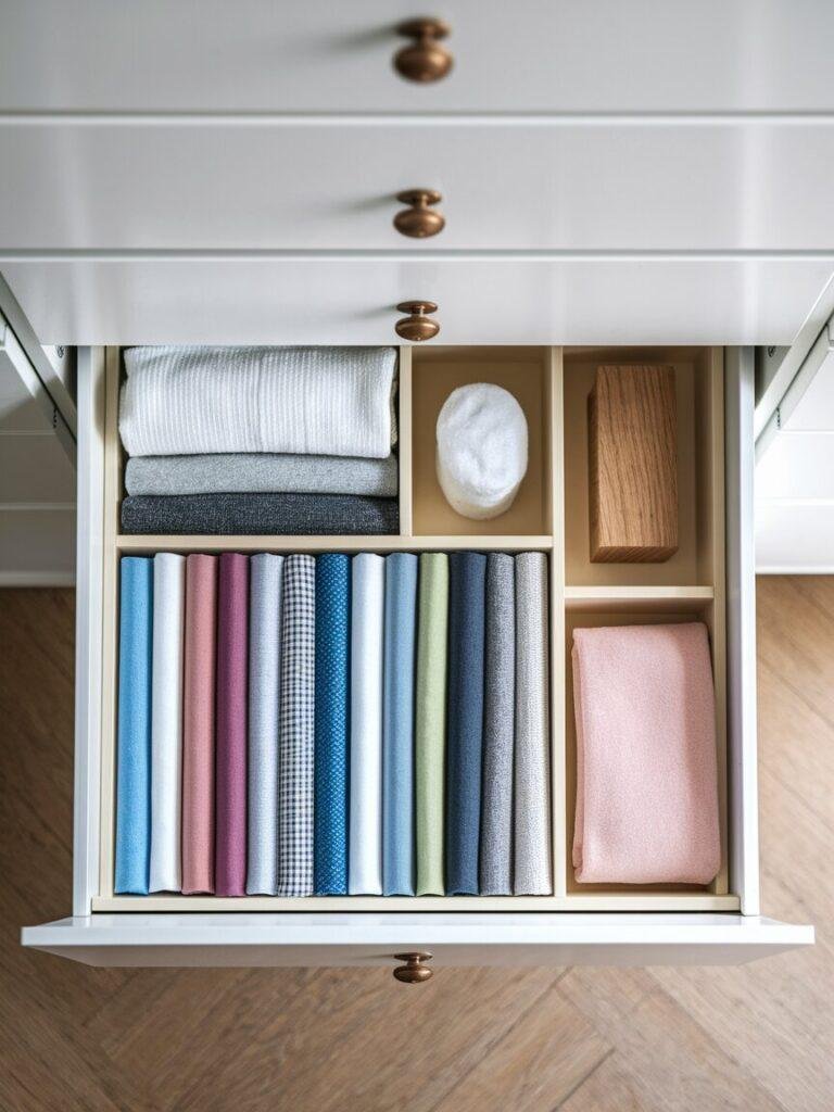 Organized bureau drawer with dividers and folded clothes for tidy bedroom bureau decor.
