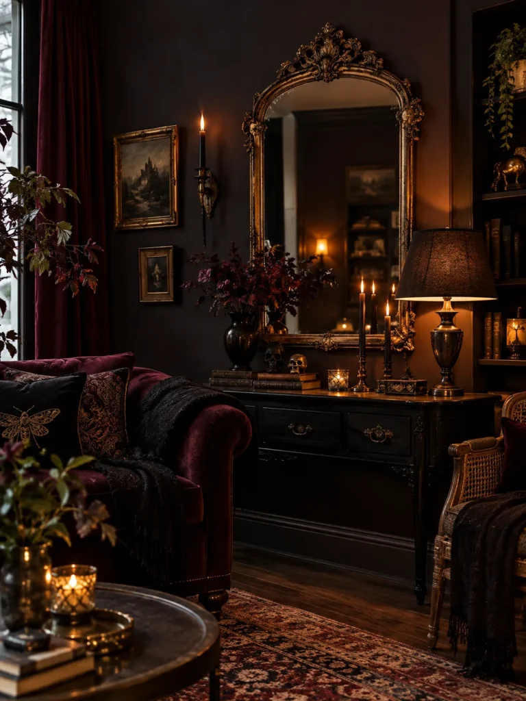  dark accent wall in deep charcoal or burgundy, paired with a large antique style mirror and warm layered lamp lighting