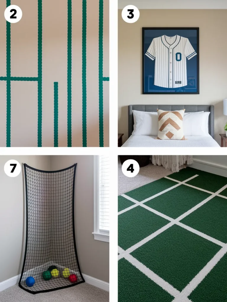 Four easy soccer decor for bedroom ideas with field lines, jersey frame, net, and turf rug.