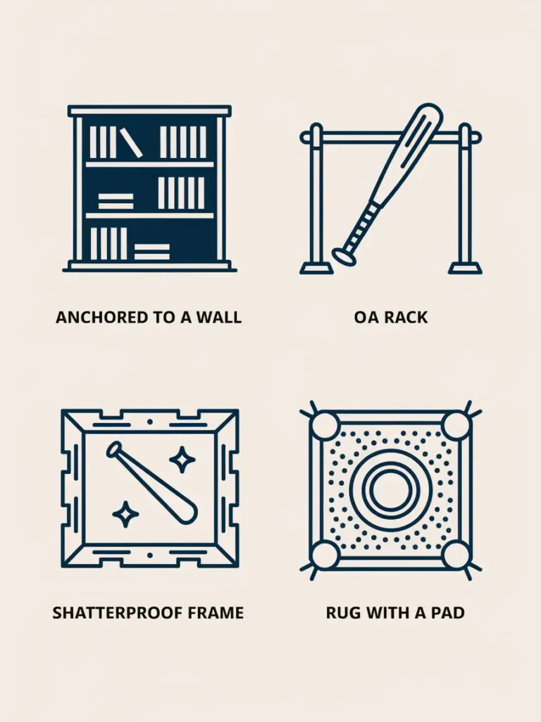 Safety tips graphic for a baseball bedroom covering anchored furniture, bat racks, frames, and rugs.