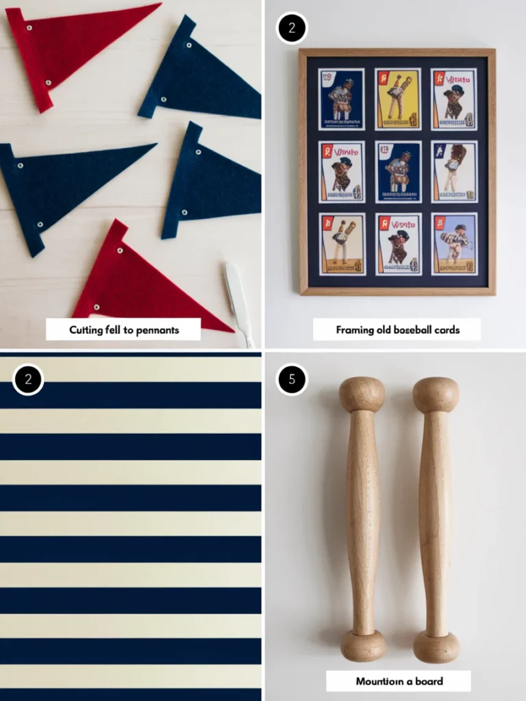Four simple DIY baseball bedroom decor projects including pennants, framed cards, stripes, and bat rack.