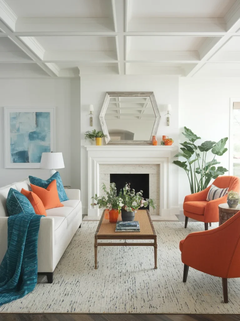 he 60 30 10 rule for blue and orange living room decor with neutral, blue, and orange shares