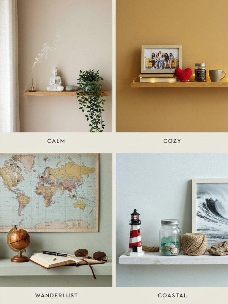 Four small vignettes arranged together showing a calm Buddha corner, a Friends themed shelf, a world map wall, and a lighthouse coastal corner, helping compare which theme fits different personalities