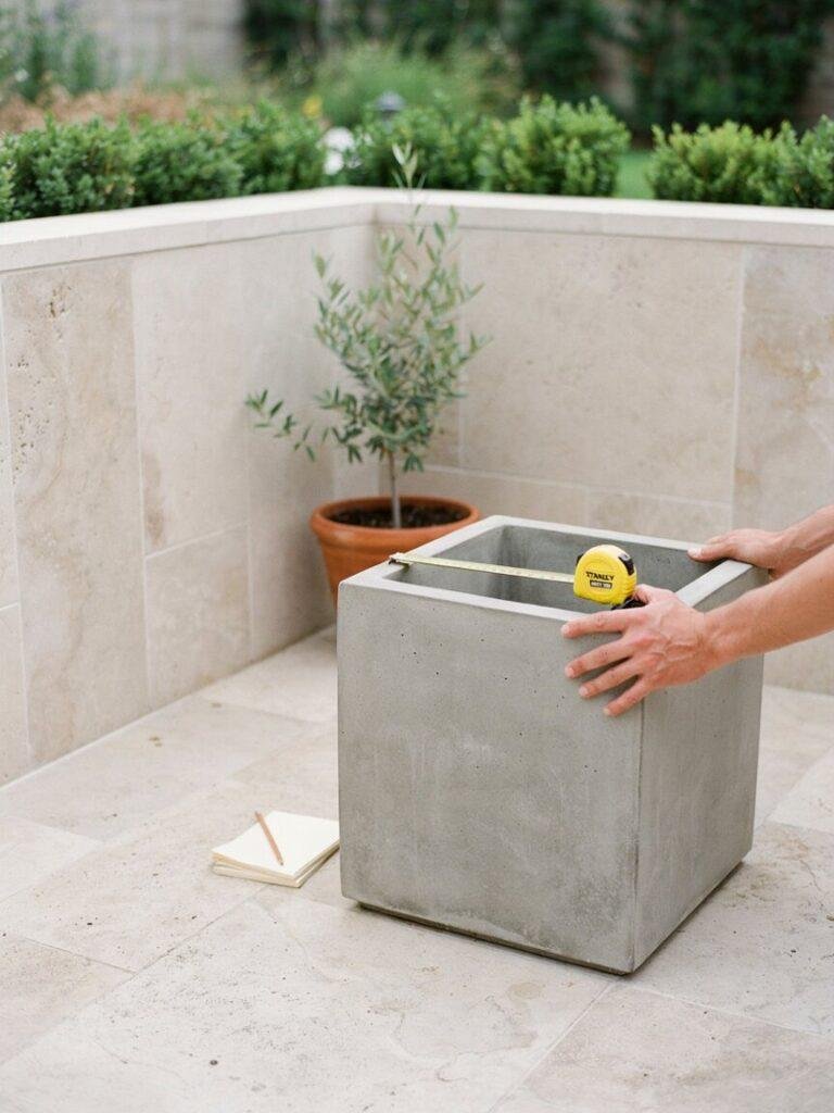 A person's hands measuring or placing a concrete planter against a patio corner, illustrating the planning and placement process described in this section.