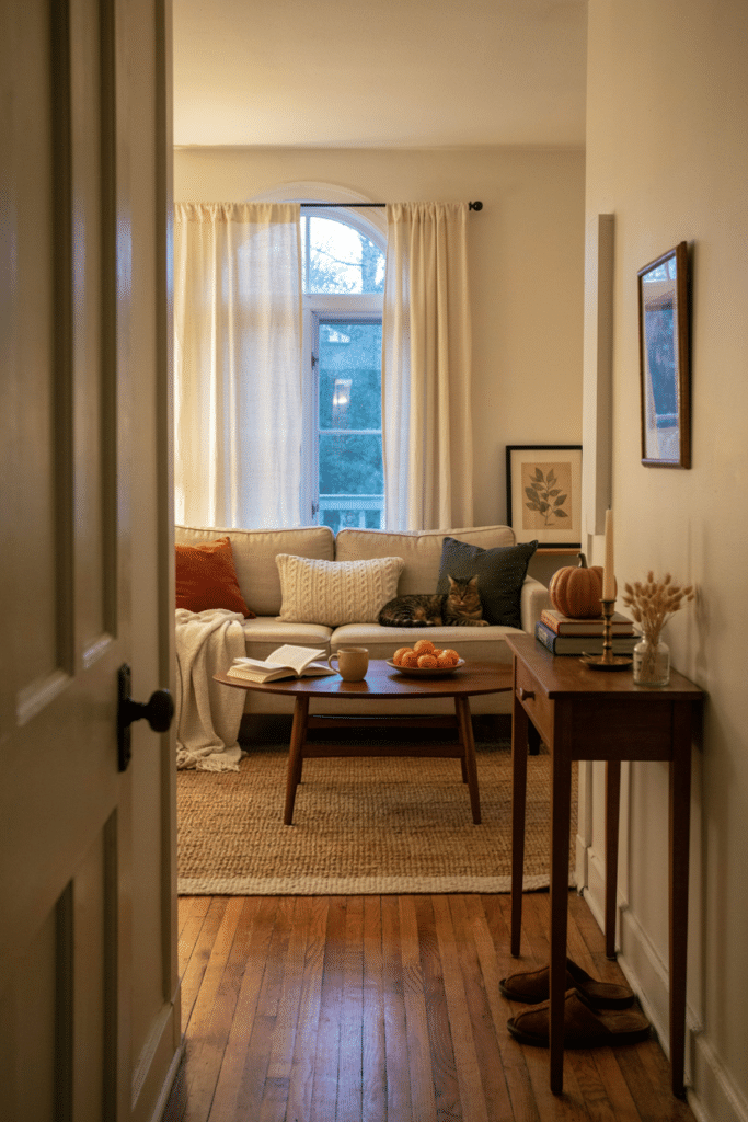 Wide shot of a welcoming living room visible from the front entryway, subtle Halloween styling on a console table, warm lighting, comfortable and lived in feel rather than overdone