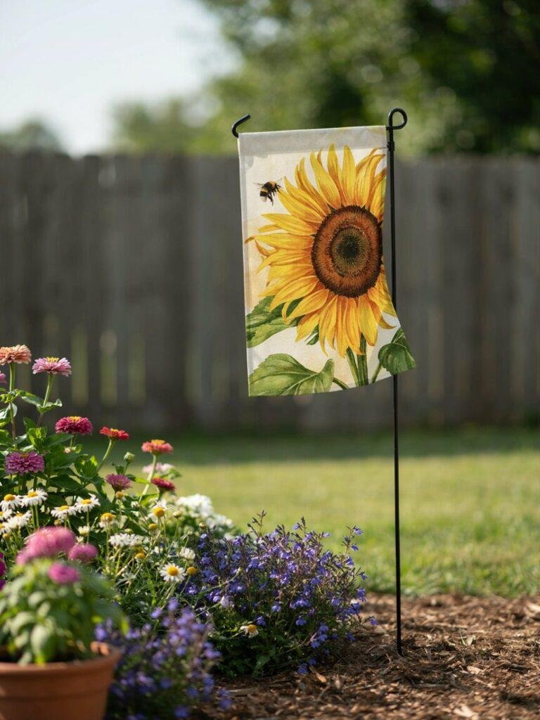 A close up photo of a fabric garden flag featuring a sunflower or watering can design, mounted on its stand at the edge of a flower bed, gently moving in the breeze with soft natural light.