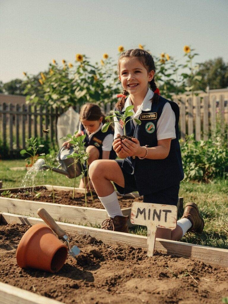 A photo of a young Brownie scout in uniform kneeling beside a small garden bed, proudly holding up a plant she has grown, with a badge or vest visible, conveying achievement and pride