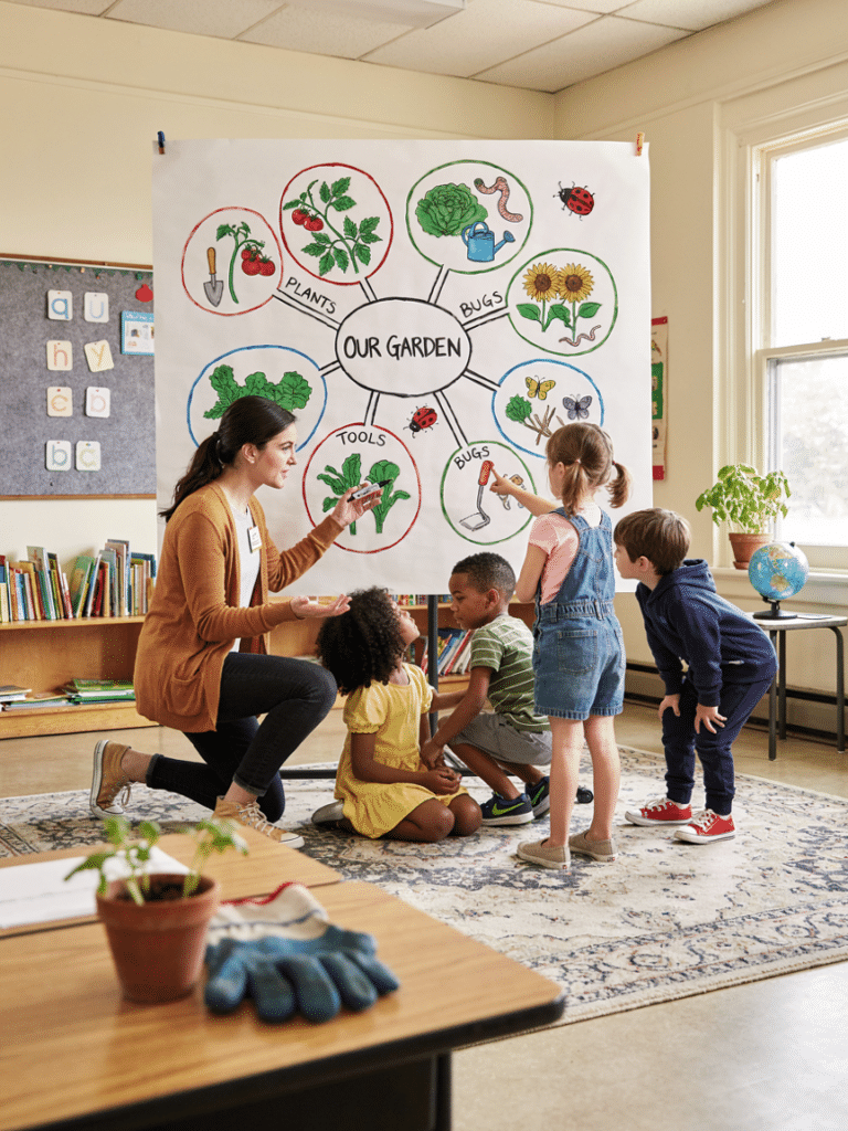 A photo of a teacher and small group of preschoolers gathered around a large paper topic web chart with hand drawn illustrations of plants, tools, and bugs, showing an active brainstorming or investigation session.