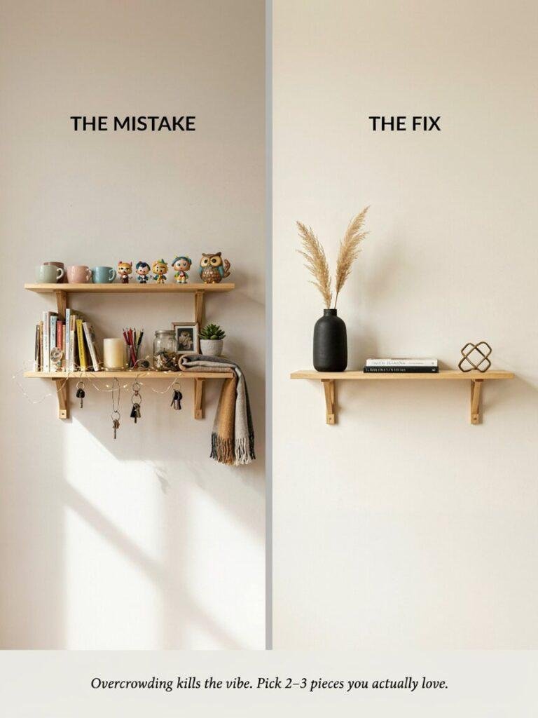 Side by side comparison showing an overcrowded shelf full of small themed collectibles versus a clean shelf with just two or three well chosen statement pieces, illustrating common themed decor mistakes