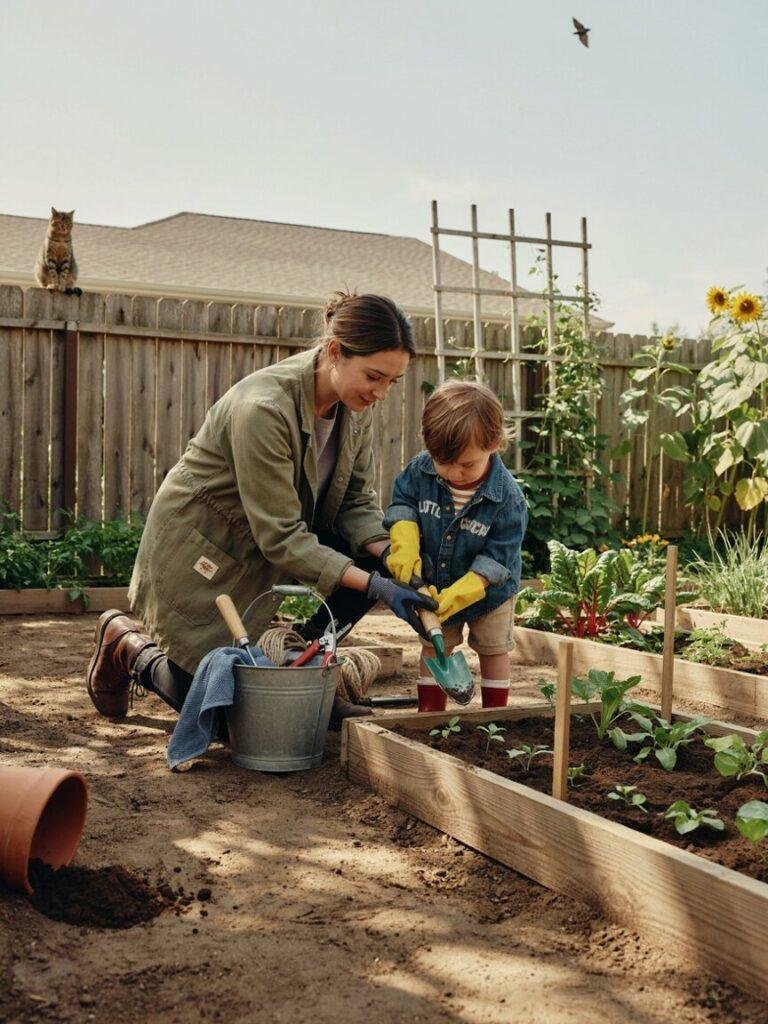 A relaxed, practical scene of a parent or teacher kneeling beside a child at a garden bed, both wearing gardening gloves and smocks, with a small bucket of tools and towels nearby, illustrating preparedness and gentle guidance.