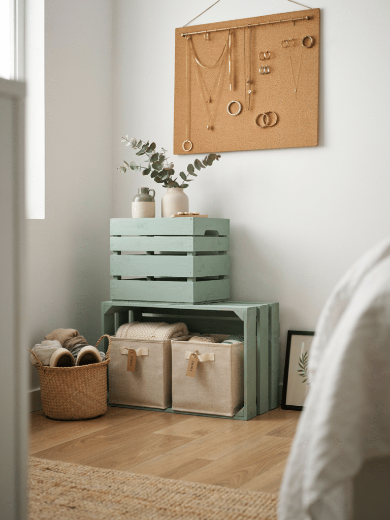 Organized bedroom corner featuring painted crate shelving, a hanging jewelry board, and fabric covered storage bins, tidy DIY storage styling