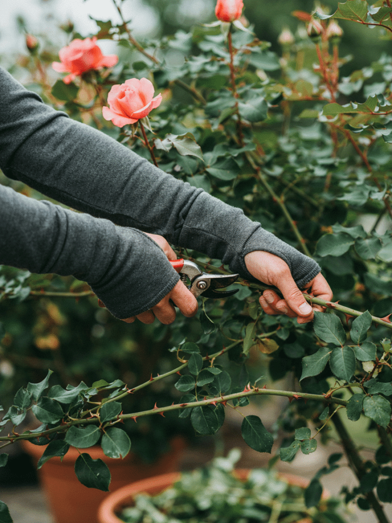 Close up of a gardener's forearms wearing stretchy fabric gardening sleeves while pruning a thorny rose bush, showing the protective coverage in action