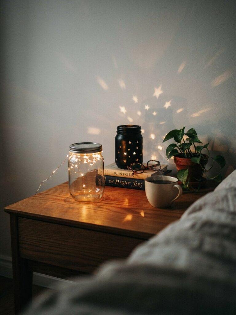 Warm bedroom nightstand scene with a mason jar string light and a soft glowing star projector jar, cozy ambient DIY lighting]