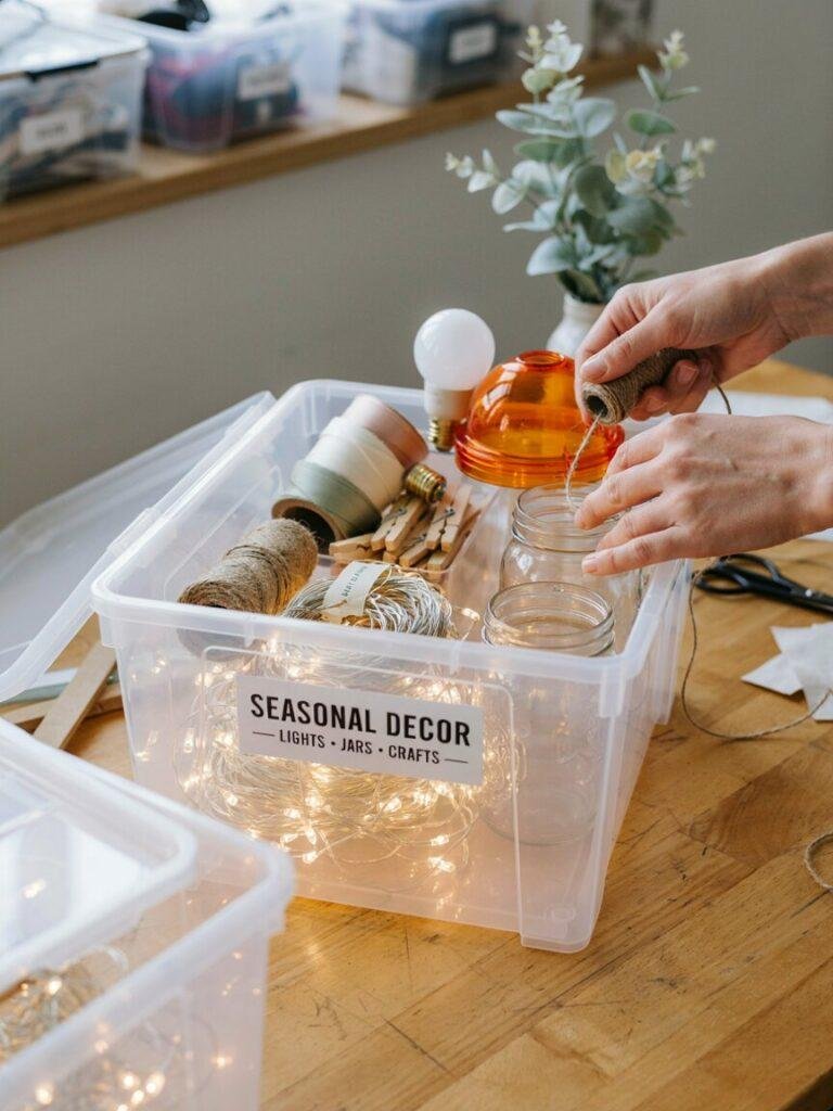 Open labeled storage bin showing string lights, mason jars, and craft supplies being sorted, with an orange gel light cover and a white bulb both visible nearby, illustrating reusable decor supplies for both seasons