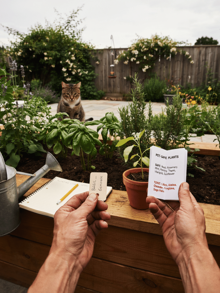 A gardener's hands holding a small plant label or tag next to a garden bed, checking a plant against a pet safety reference, illustrating the research step before planting