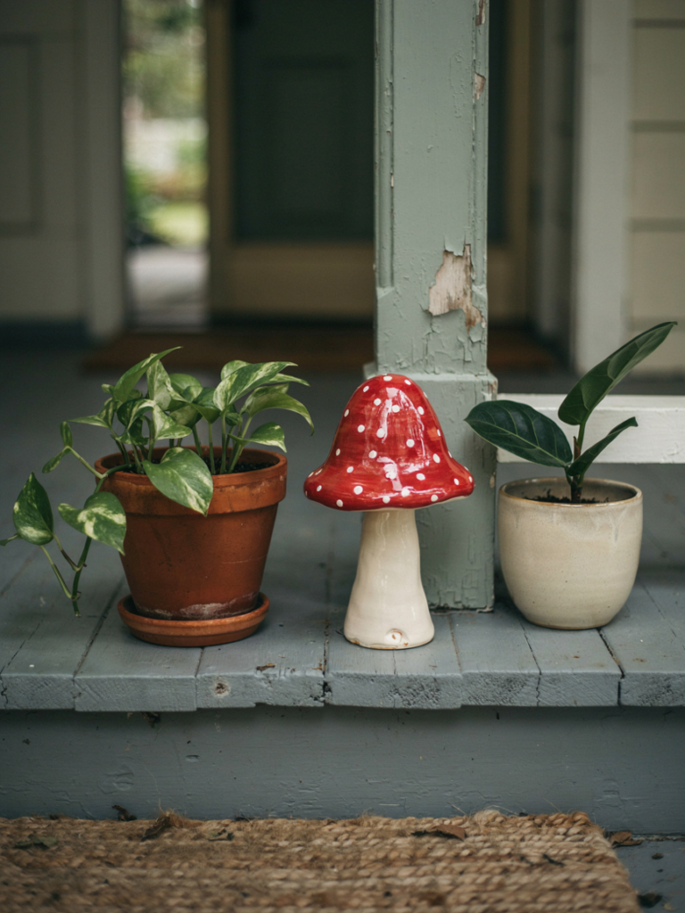 A hand painted ceramic mushroom with a glossy glaze, displayed on a covered porch step surrounded by potted plants.