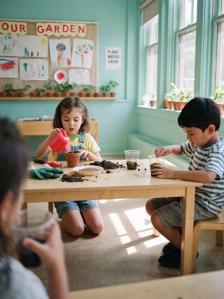 A collage style or single action shot of preschoolers actively engaged in planting, one child watering a seedling with a small watering can, another pressing a seed into a cup of soil, bright and colorful classroom setting