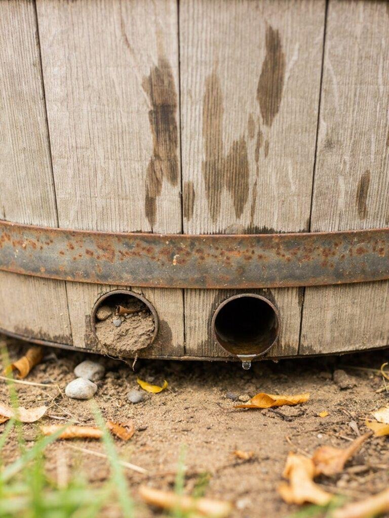 Close up of a barrel's drainage holes at the base, one clogged with compacted soil compared to a clear, functioning hole beside it