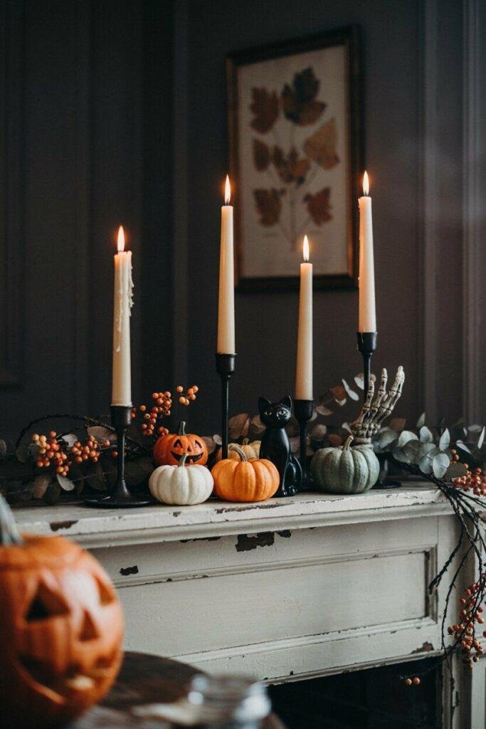Close up of a beautifully layered Halloween mantel display, draped garland, tall candlesticks at varying heights, small pumpkins and figurines filling gaps, odd numbered arrangement, warm ambient lighting