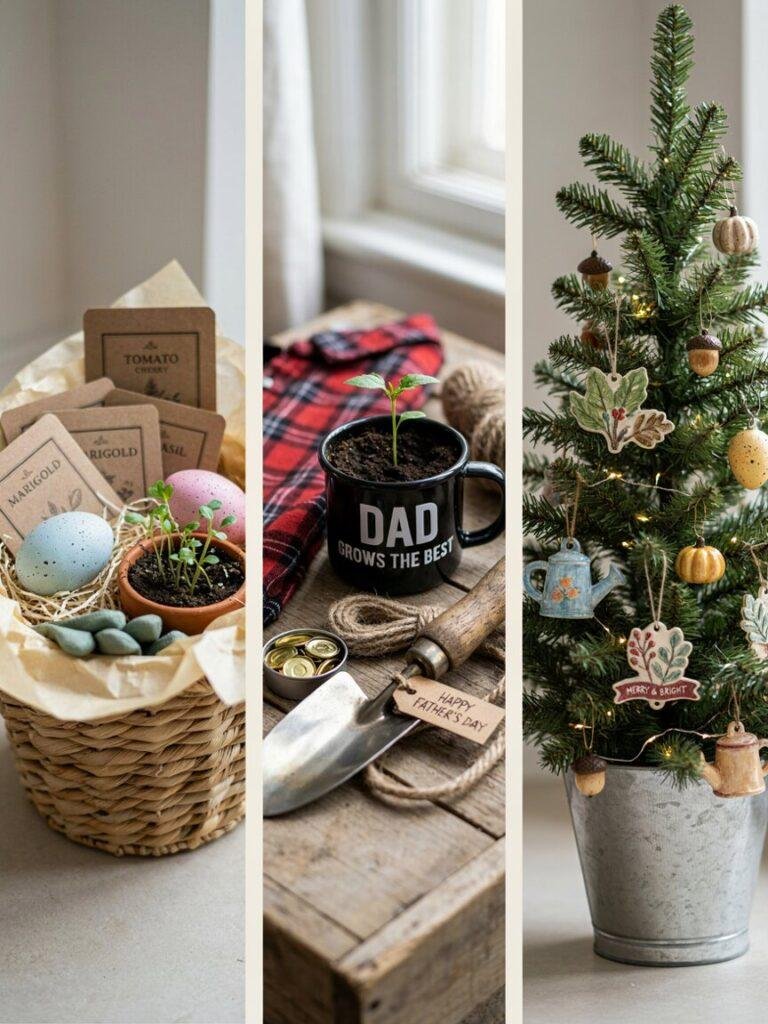 A festive collage style scene showing three small vignettes side by side, a spring Easter basket with seed packets, a Father's Day gift arrangement with tools and a mug, and a Christmas tree with tiny garden themed ornaments.