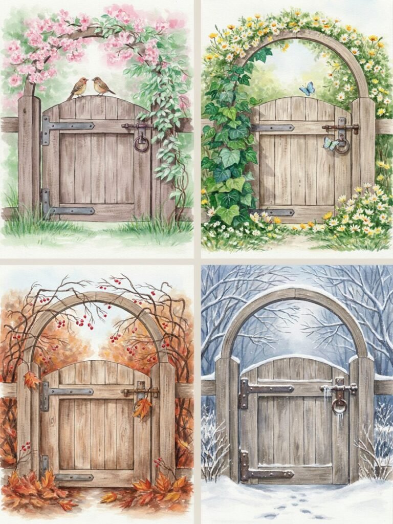 A four-panel style scene of the same garden gate decorated for spring, summer, autumn, and winter]