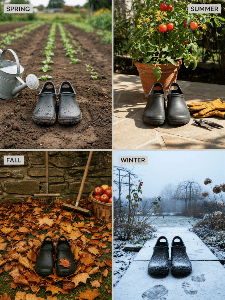four panel collage showing gardening clogs in spring mud, summer sun, fall leaves, and winter frost, representing seasonal footwear needs