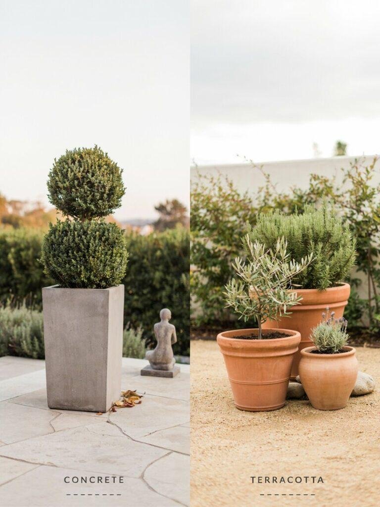 A simple side by side comparison photo, one half showing a concrete planter and statue arrangement, the other half showing a terracotta pot grouping, to help readers visually compare the two aesthetics