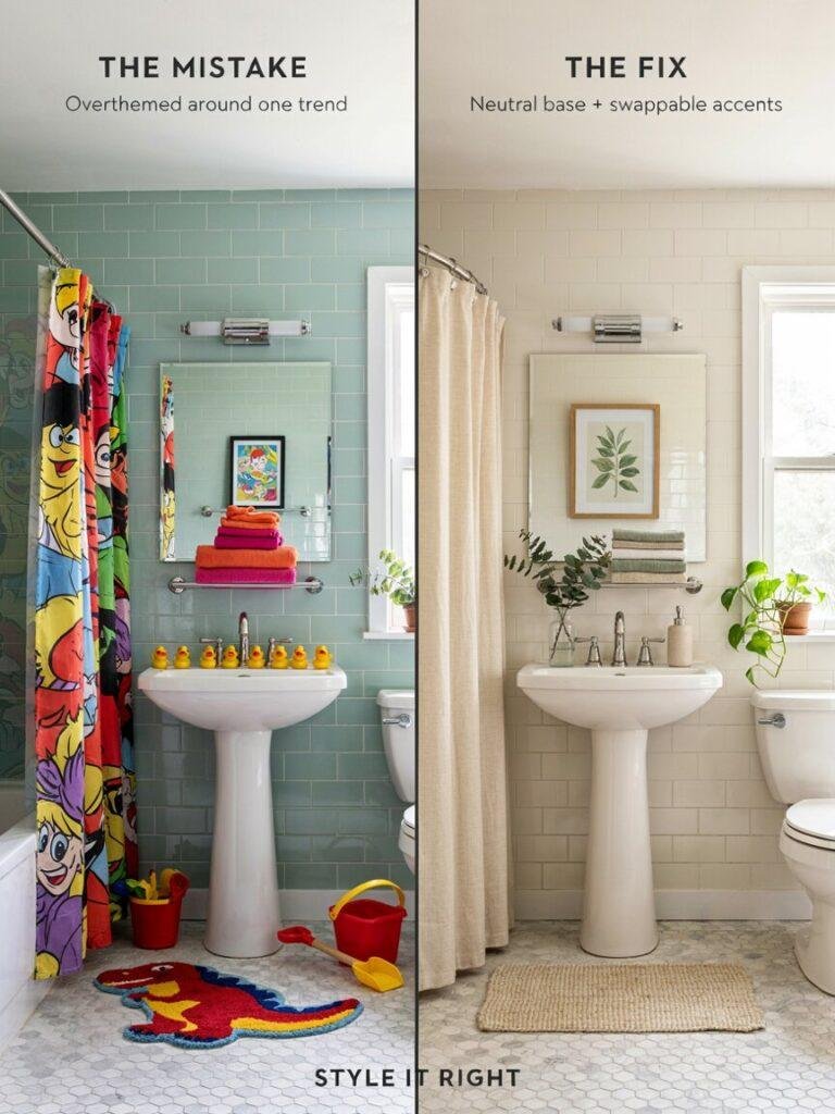 Side by side comparison showing a bathroom styled entirely around one childish cartoon trend versus a flexible neutral based tween bathroom with easily swapped accents, illustrating common styling mistakes