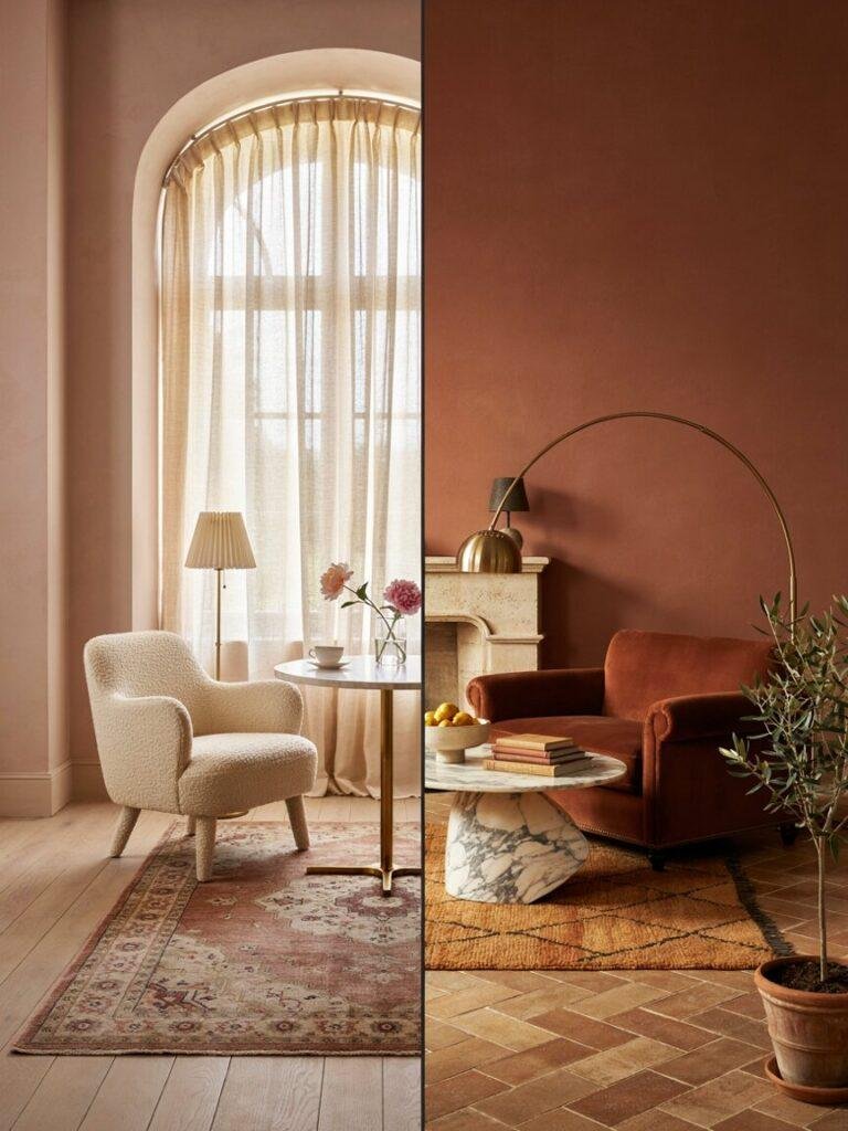 Side by side comparison of a soft pastel Parisian living room corner and a warm bold Italian living room corner with terracotta tones and marble surfaces, illustrating the contrast between the two styles