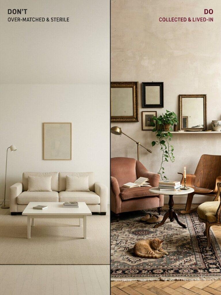 Side by side comparison showing an overly matched sterile living room versus a warm collected looking Parisian living room with mixed eras and finishes, illustrating common styling mistakes versus correct execution