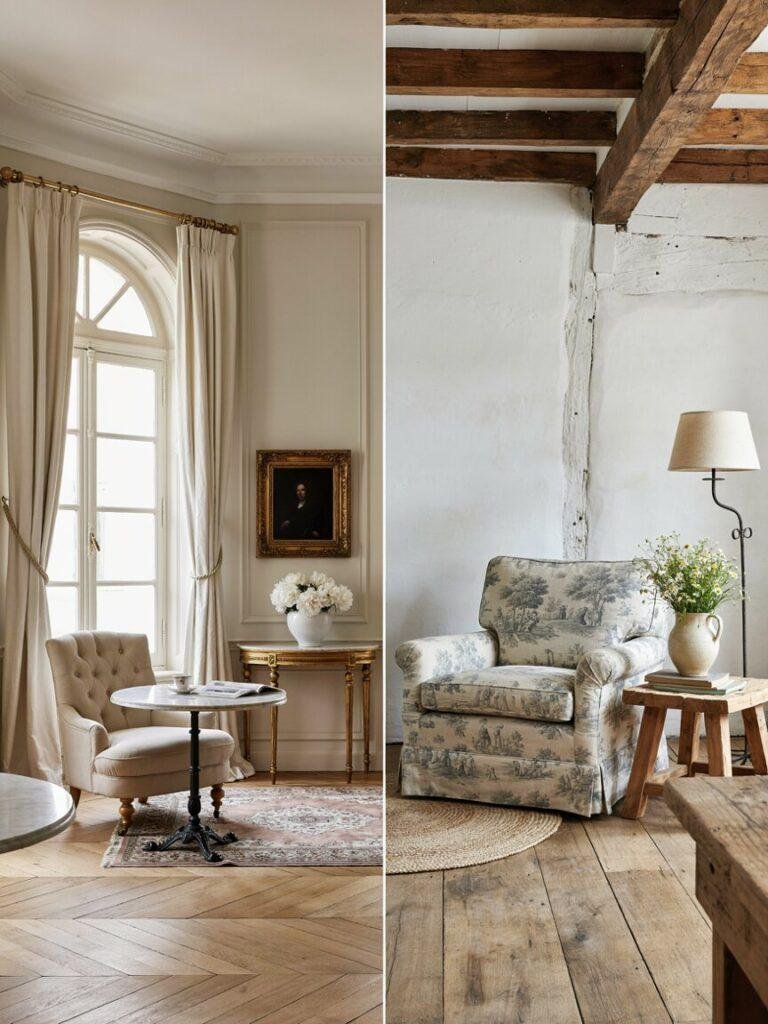 Side by side comparison of a formal polished Parisian living room corner and a rustic French country living room corner with exposed wood beams and toile fabric, illustrating the contrast between the two styles