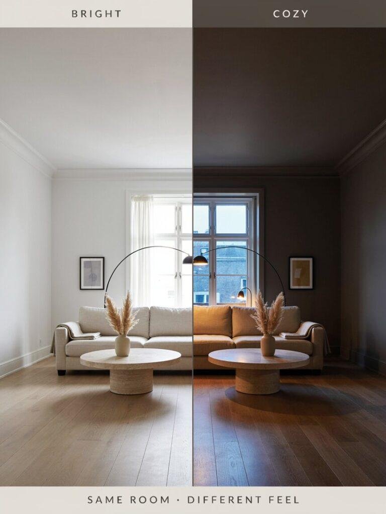 Split composition comparing a stark bright white living room on one side and a warm deep charcoal living room on the other, same furniture layout, illustrating how dark walls feel cozier rather than smaller