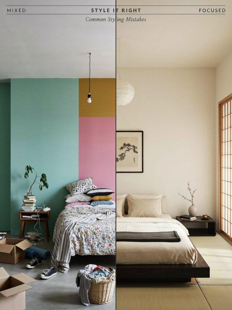 Side by side comparison showing a cluttered room mixing bold pastel walls with an overly bare Japanese style setup versus a clean well styled room with one clear direction, illustrating common styling mistakes