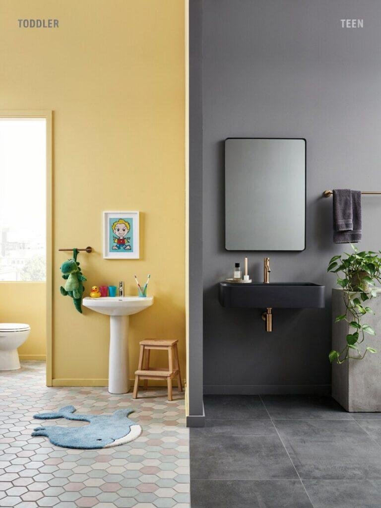 Split composition comparing a bright cartoon themed toddler bathroom on one side and a sophisticated teen styled bathroom on the other, illustrating the decorating gap tween bathrooms need to bridge