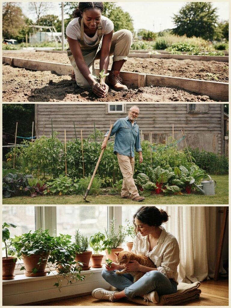 A diverse group of individual portraits or a collage, a black woman gardening on a community plot, an old man gardening in his backyard, and a young gardening mom with her cat, representing the broad appeal of the hobby