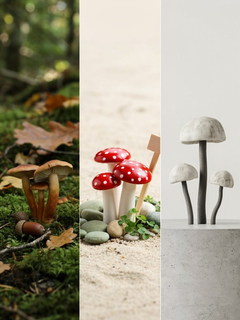 A collage of three garden vignettes side by side, a natural earth toned woodland scene, a bright polka dot toadstool cluster in a children's garden, and a modern white and gray minimalist mushroom display