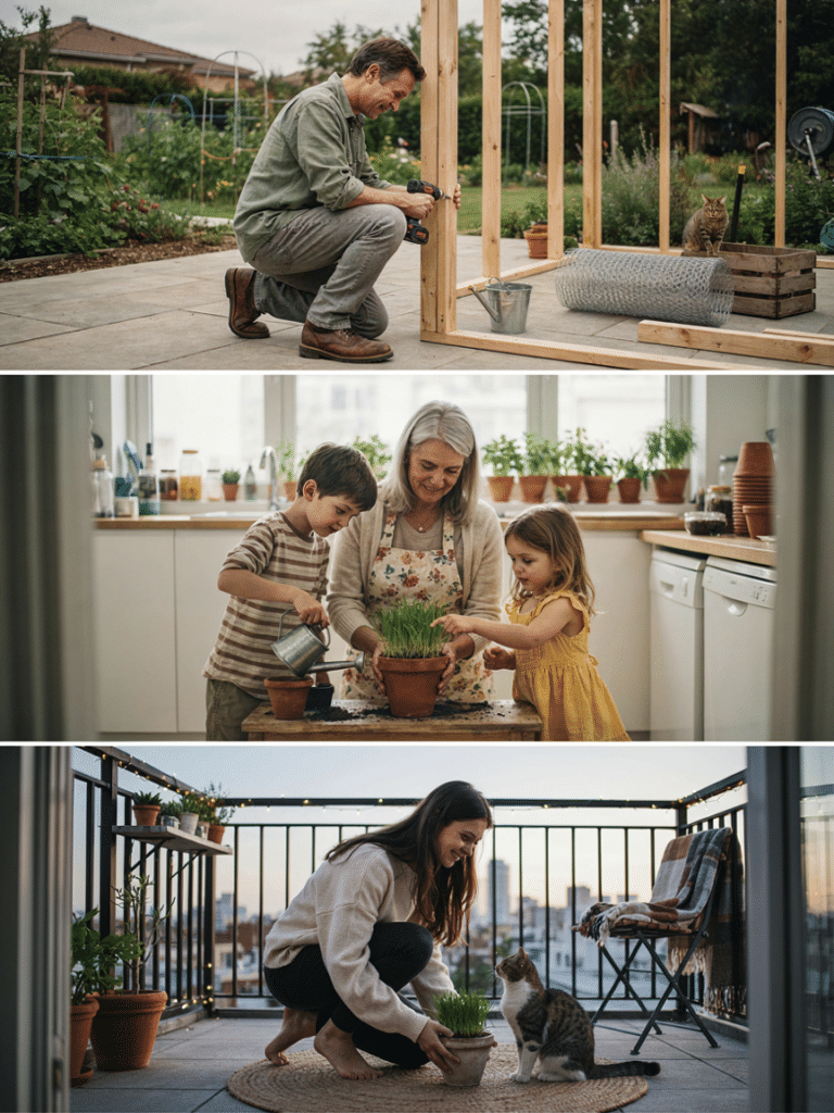 A collage style photo showing a gardening dad building a catio frame, a gardening grandma potting cat grass with grandchildren, and a young lady gardening on an apartment balcony with her cat, representing the range of people who enjoy cat gardening.