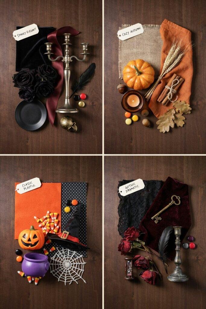 Flat lay of four distinct Halloween decor mood boards side by side, spooky elegant, cozy autumn, classic playful, and gothic dramatic, each with sample colors and small objects representing the style