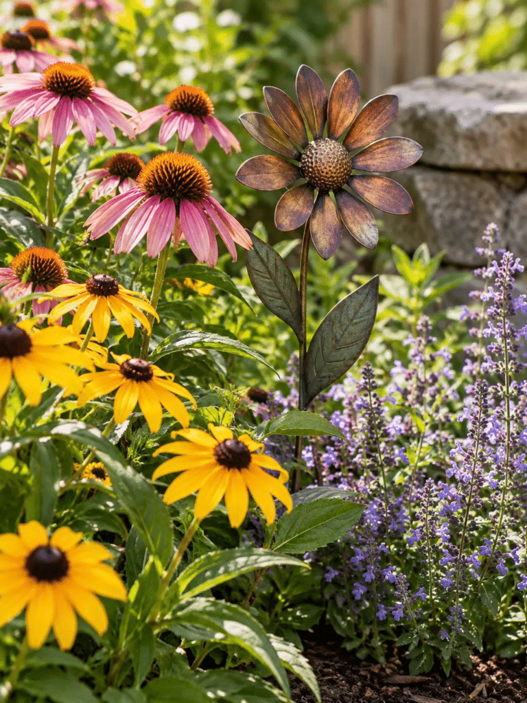 metal flower stake peeking out from behind a cluster of real blooming flowers