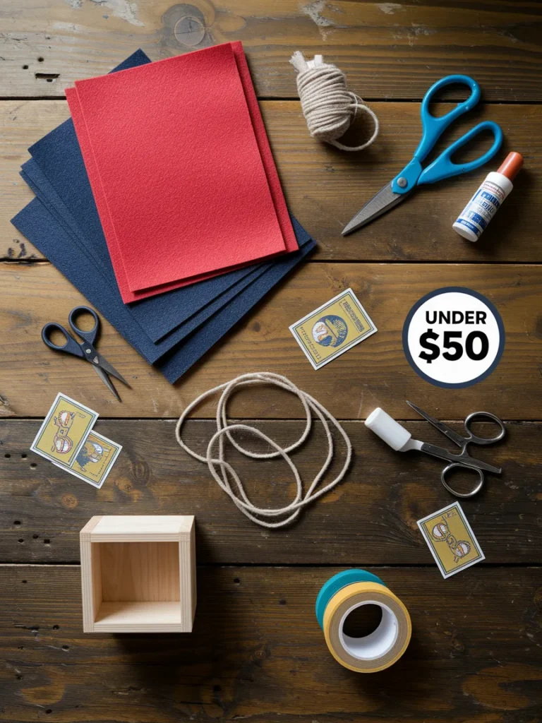 Budget friendly baseball bedroom decor supplies including felt, string, cards, and painter's tape.