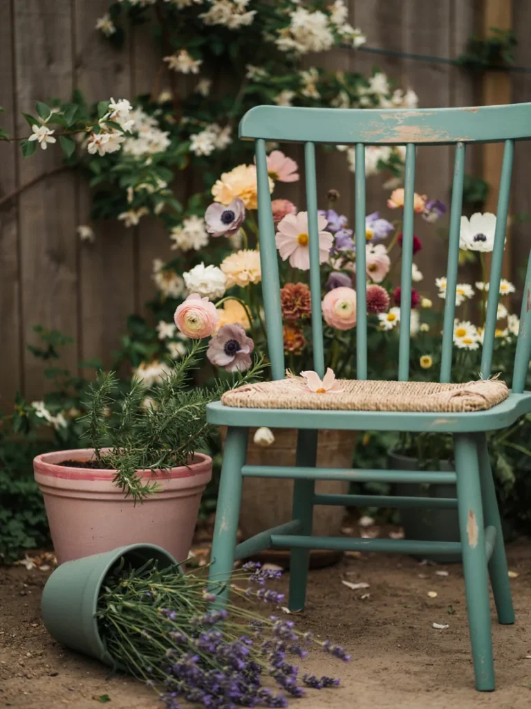 on: A close-up of painted garden furniture and containers in sage green and dusty pink, set against pastel flowers