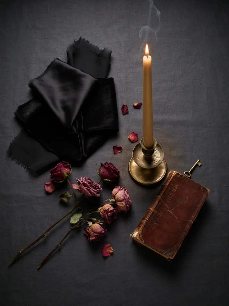 A close up mood board style flat lay showing black fabric swatches, a gold candle holder, dried roses, and an antique book, representing the core visual language of the style.