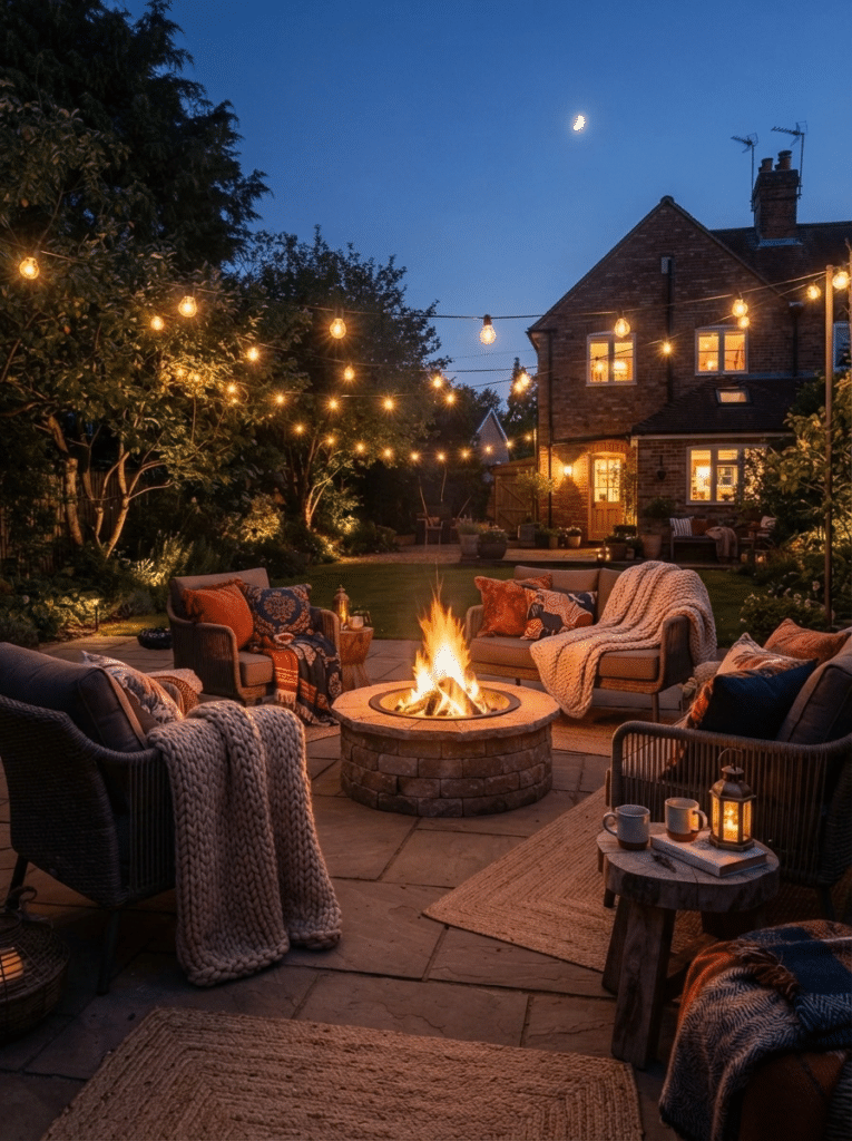 A backyard patio in the evening with a fire pit, warm string lights, and comfortable seating with blankets.